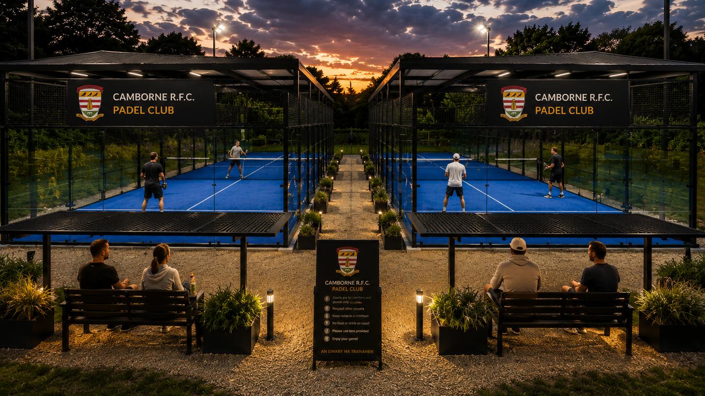 Concept visual of two branded Camborne RFC padel courts at sunset