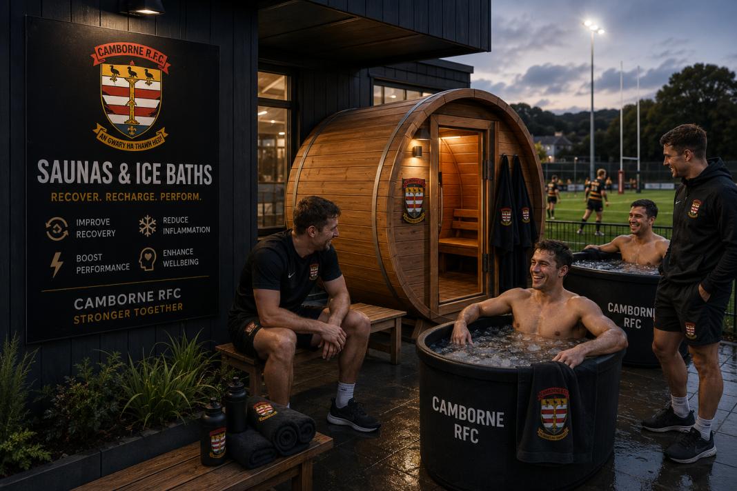 Concept visual of a Camborne RFC sauna and ice baths recovery area with players