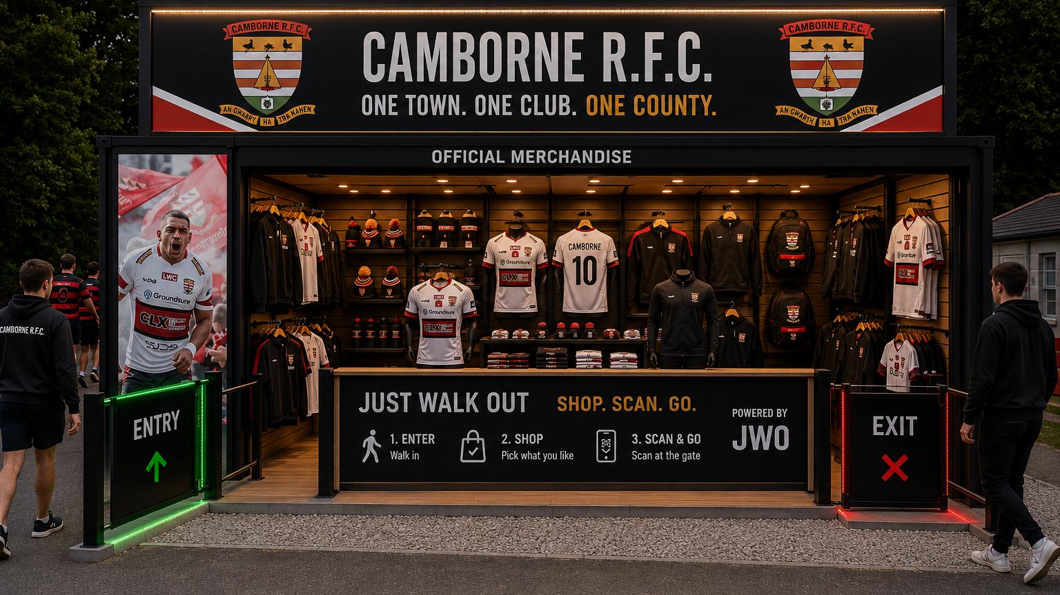 Concept visual of a branded Camborne RFC merchandise store with a Just Walk Out entry and exit