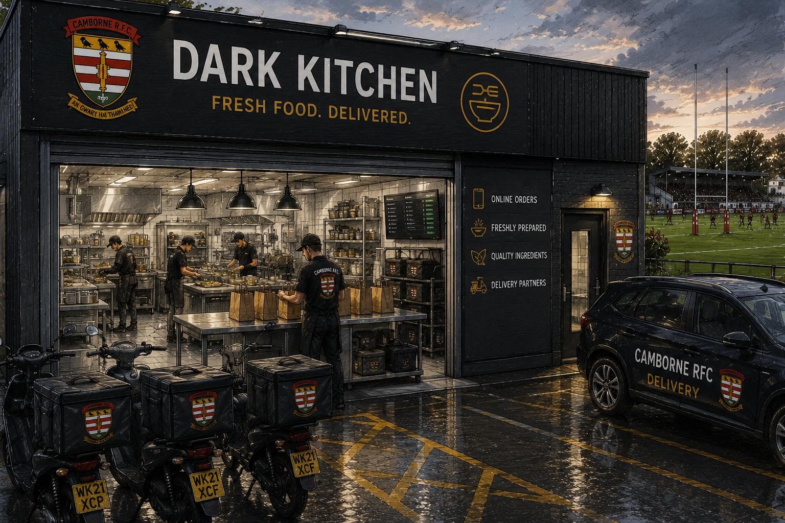 Concept visual of a Camborne RFC dark kitchen with delivery bikes and car