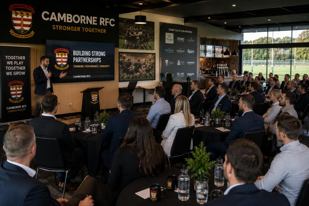 A corporate function in a Camborne RFC hospitality suite with a presentation to a seated audience