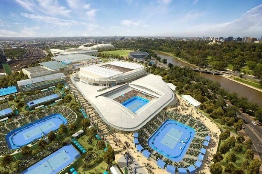Melbourne Park aerial showing Rod Laver Arena and outside courts