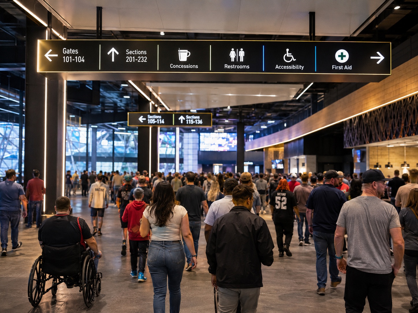 Fans moving through a venue concourse