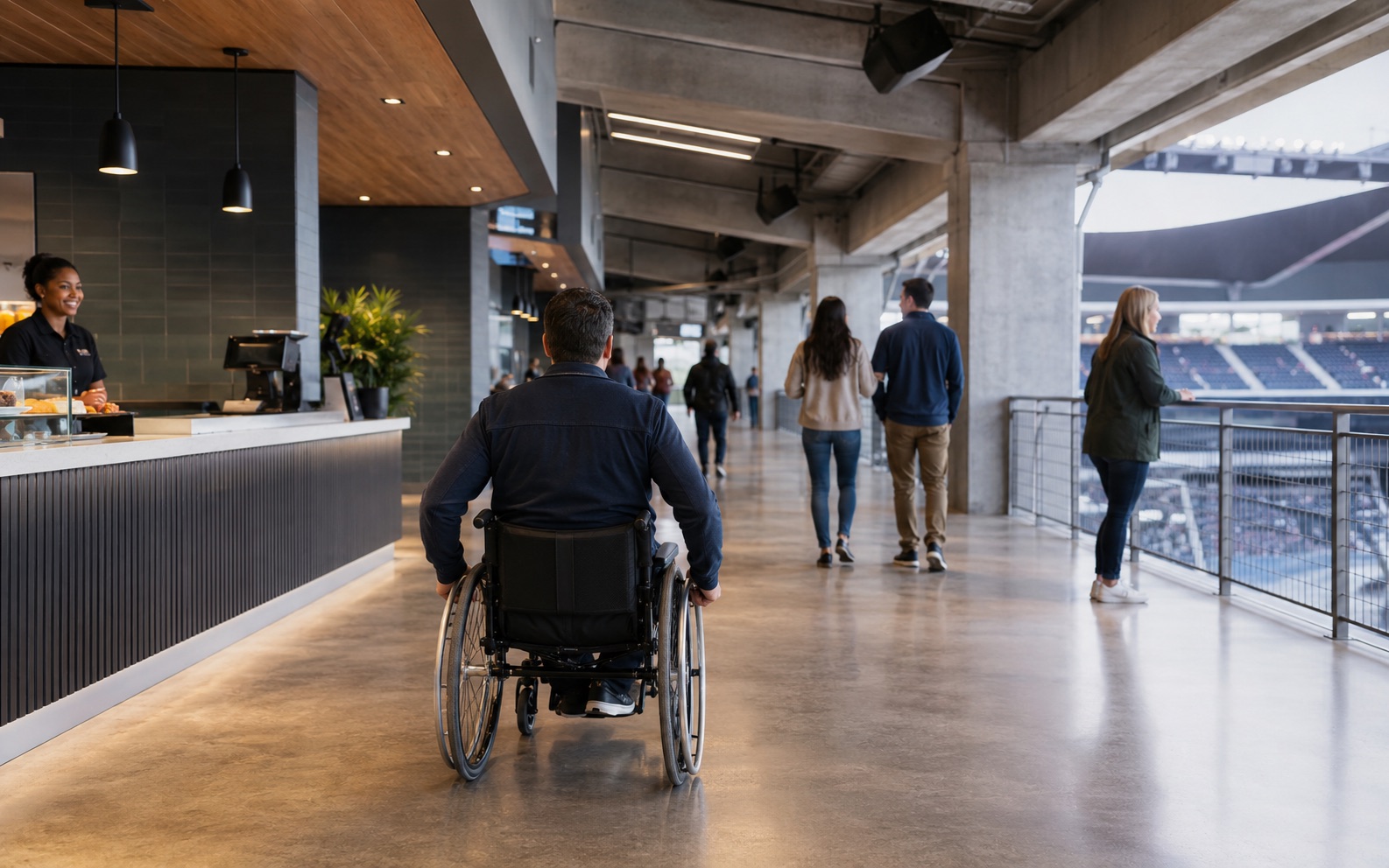 Fans moving through an accessible venue concourse